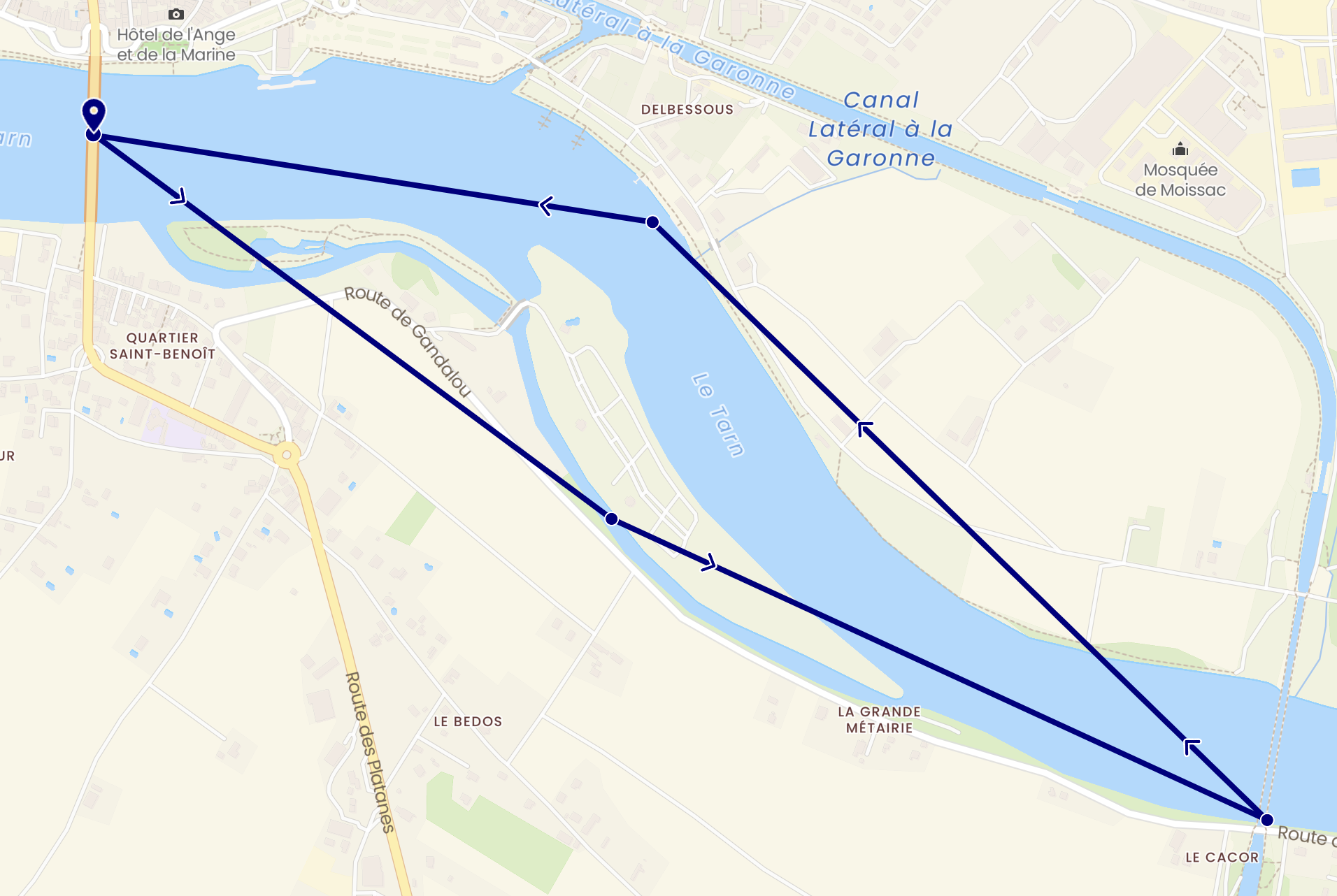 Itinéraire de la croisière Moissac sur le Tarn